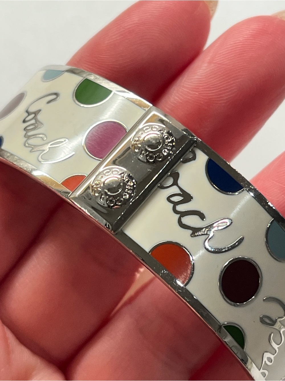 Coach Silvertone Polka Dot Enamel Bangle Bracelet NWOT - Picture 4 of 5